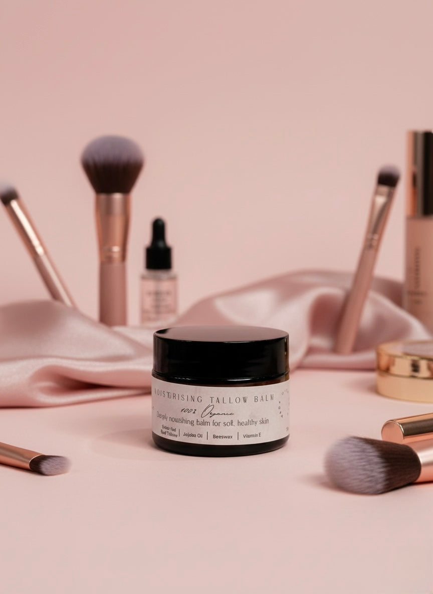 Cosmetic jar with brushes and skincare products on a pink background