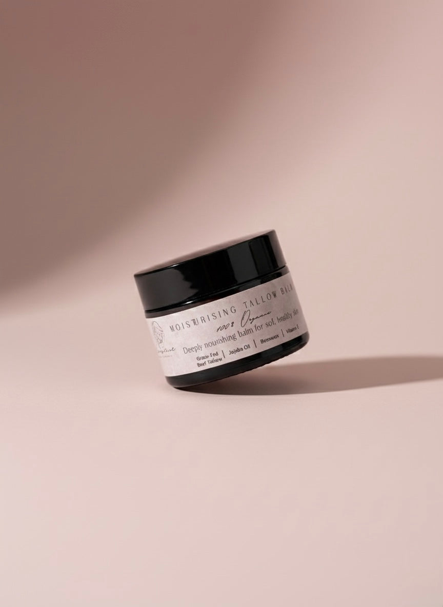 Cosmetic jar with a label on a beige background